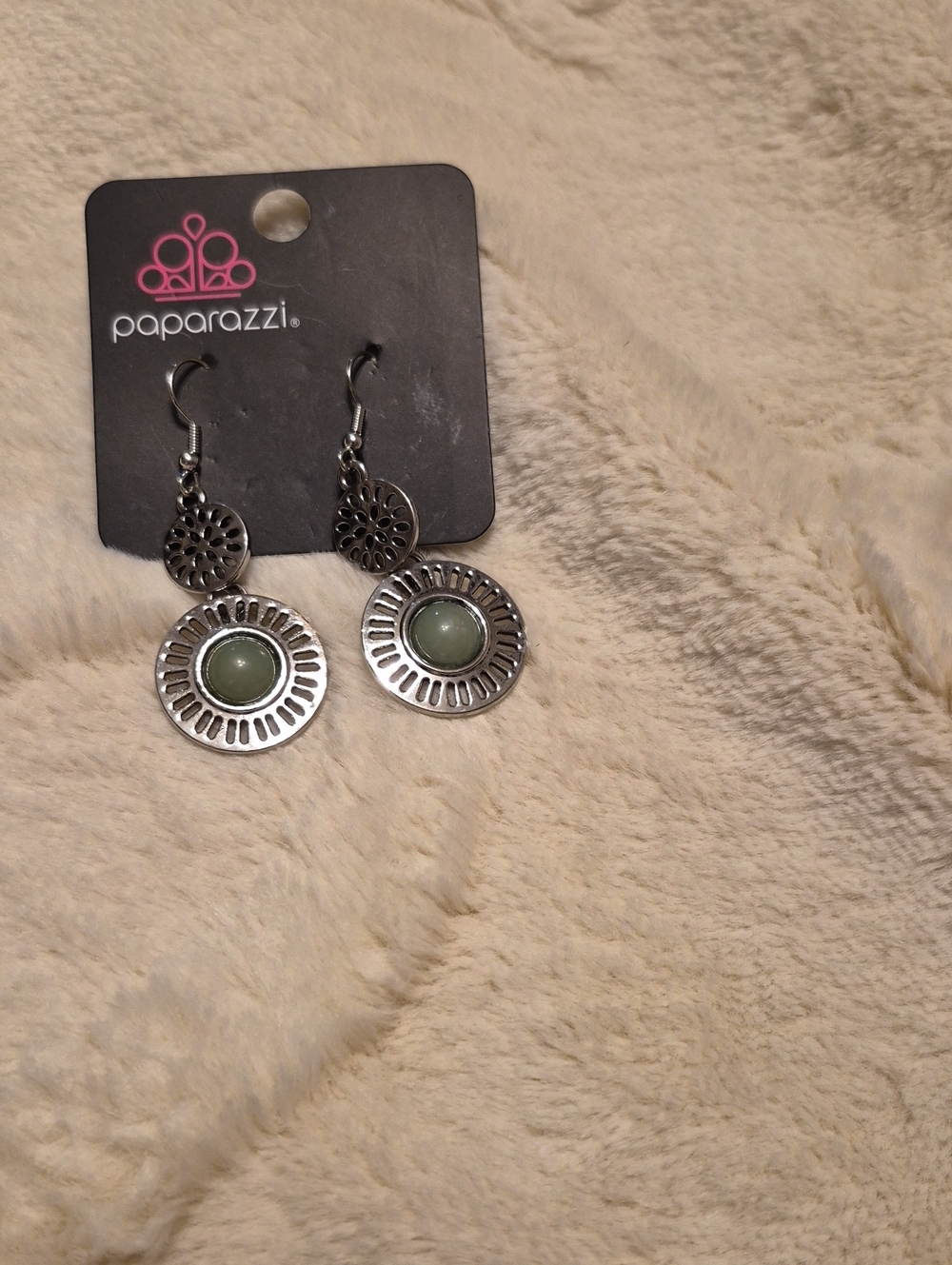 paparazzi Silver Earrings with Light Green Center